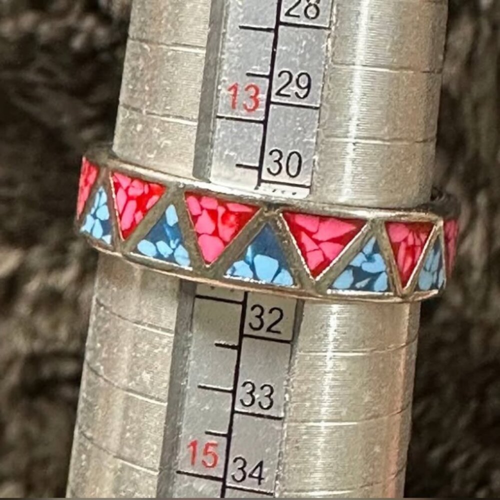 Vintage Crushed Turquoise & Coral Sterling Silver Men's Ring Sz 14